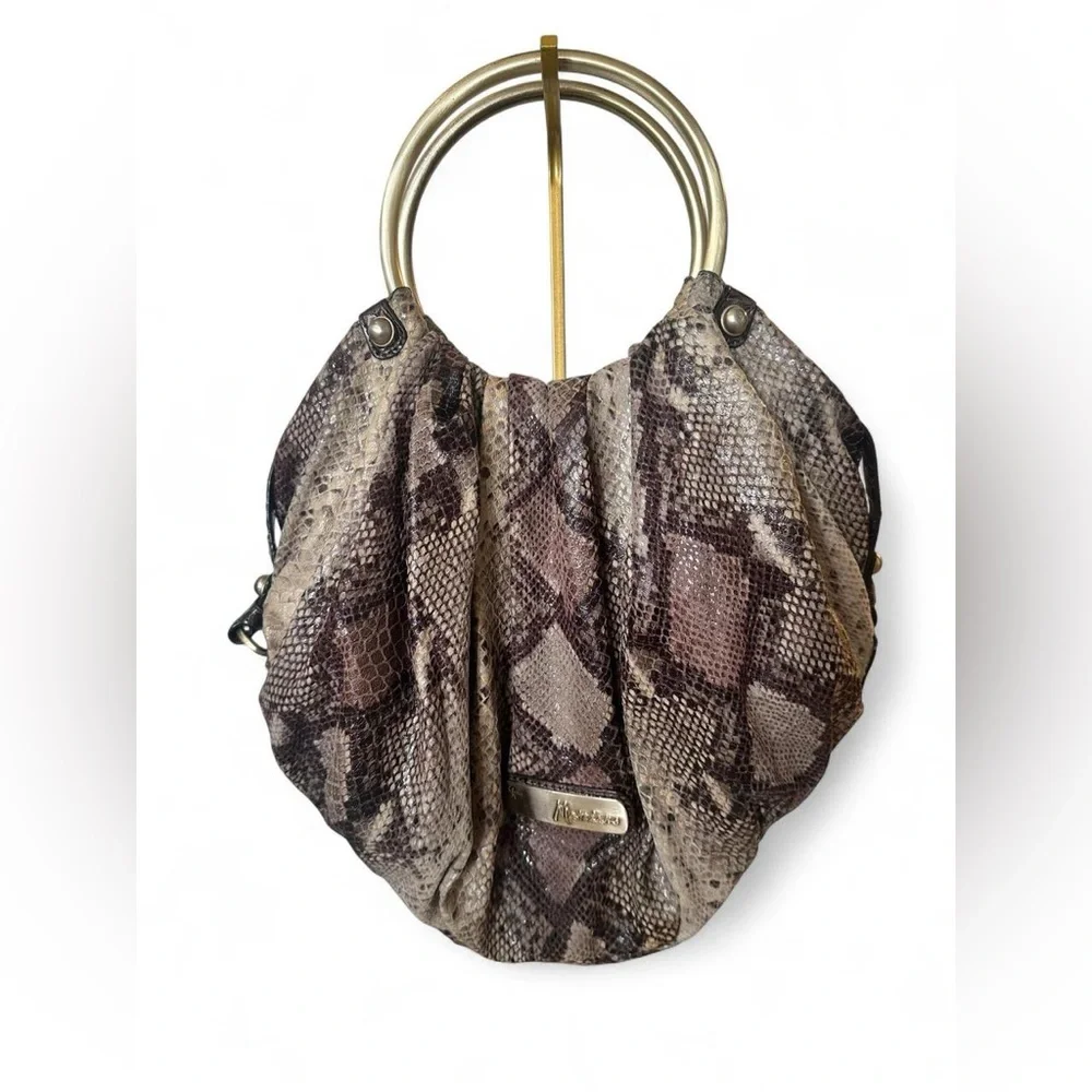 Marciano by Guess Snakeprint Ring Handle Purse Gold Hardware Neutral Brown Gray